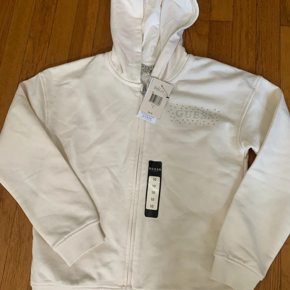 Guess White Rhinestone Logo Zip-Up Hoodie
